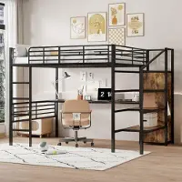 OEM Bedframe, 140x200 cm, zonder matras, bureau, open kledingkast, opstapje voor opslag, stalen frame, zwart