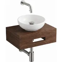 Royal plaza Terra Fonteinplank - 40x25x10cm - met handdoekhouder - waskom wit mat - fonteinkraan RVS - afvoerplug - sifon - kastanje (walnoot) SW1470600/SW1102402/SW1108829/SW696201/SW696217