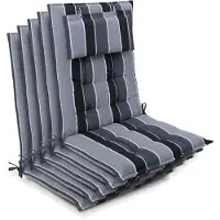 Beautissu Sun-HL - Set van 5 Premium Hoge Rugleuning Kussen met Hoofdkussen 120x50 cm – UV-bestendig & 8cm Dik Kussen Tuinstoelkussen Antislip Bevestigingsbanden – Stevige Stof Antraciet gestreept