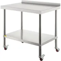 Zerbaco Werkbank roestvrij staal, roestvrijstalen tafel met in hoogte verstelbaar werkblad. Keukenwerkblad met 4 universele wielen en een opstaande rand. Afmetingen: 91,4 x 61 x 89 cm
