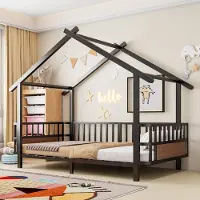 MODFU Kinderbed 90 x 200 met zijhekken, hemelbed met open dakconstructie, bedframe van metalen constructie, inclusief matras, zwart