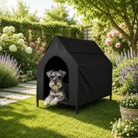 Belviona hondenbed met dak, verhoogd hondenbed voor tuin, terras en balkon, waterafstotend en geschikt voor honden tot 40 kg, 90x65x85 cm, zwart