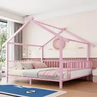 STILVORA kinderbed 140x200 cm, model huis met dakontwerp, metalen bed met veiligheidshek, tienerbed met decoratieve omlijsting, roze