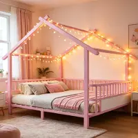 Merax metalen hemelbed, 140x200 cm, tienerbed met dakontwerp en veiligheidshek, multifunctioneel kinderbed met decoratieve omlijsting, roze