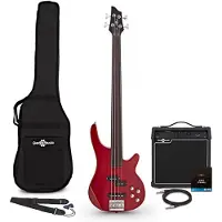 Gear4Music Chicago Fretless Bass Guitar Trans Red 15W Bass Amp & Accessory Pack