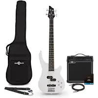 Gear4Music 3/4 Chicago Bass Guitar White 15W Bass Amp & Accessory Pack