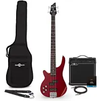 Gear4Music Chicago Left Handed Bass Guitar Trans Red 15W Bass Amp & Accessory Pack