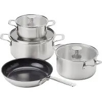 KitchenAid - Stainless Steel Cookware Set: Casserole with Lid (16cm, 20cm, 24cm) + Frypan (24cm) - Silver