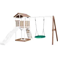Axi Beach Tower Speeltoestel van hout in Bruin en Wit | Speeltoren met zandbak, nestschommel en witte Glijbaan | Speelhuis op palen voor de tuin