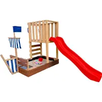 Axi Vicky Speeltoren van hout in bruin met rode Glijbaan | Speeltoestel Vikingboot met Zandbak, Speelkeuken en Krijtbord | Multifunctioneel speeltoestel voor in de tuin