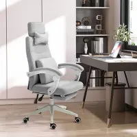 OKWISH Bureaustoel Met Wielen En Voetsteun Verstelbare Rugleuning Voor Werk En Ontspanning Polyester Grijs