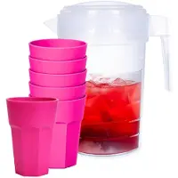 PlasticForte Waterkan van 2 Liter - transparant - kunststof - met 6x stuks onbreekbare drinkglazen - roze - 520 ml