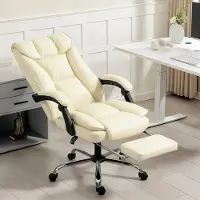 OKWISH Ergonomische Bureaustoel Met Voetsteun - Verstelbare Rugleuning Tot 155° - Kunstleer - Beige