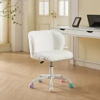 OKWISH Bureaustoel - Verstelbaar En Draaibaar - Voor Slaapkamer, Makeuprayruimte En Studeerkamer - Kunstkonijnenvacht - Crème