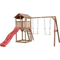 Axi Beach Tower Speeltoestel van hout in Bruin | Speeltoren met zandbak, dubbele schommel en rode Glijbaan | Speelhuis op palen voor de tuin