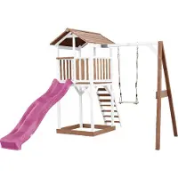Axi Beach Tower Speeltoestel van hout in Bruin en Wit | Speeltoren met zandbak, schommel en paarse Glijbaan | Speelhuis op palen voor de tuin
