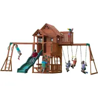 Backyard Discovery Skyfort II speeltoestel / speeltoren compleet | Inc. schommels / Glijbaan / zandbak / klimwand / klimrek / trapeze | Speelhuis op palen van hout voor buiten in de tuin