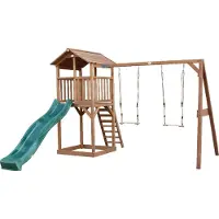 Axi Beach Tower Speeltoestel van hout in Bruin | Speeltoren met zandbak, dubbele schommel en groene Glijbaan | Speelhuis op palen voor de tuin