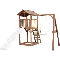 Axi Beach Tower Speeltoestel van hout in Bruin | Speeltoren met zandbak, schommel en witte Glijbaan | Speelhuis op palen voor de tuin