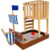 Axi Vicky Speeltoren van hout in bruin | Speeltoestel Vikingboot met Zandbak, Speelkeuken en Krijtbord | Multifunctioneel speeltoestel voor in de tuin