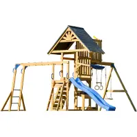 Axi Mitch Speeltoestel van hout in Bruin | Speeltoren met zandbak, trapeze, uitkijktoren, dubbele schommel en blauwe Glijbaan | Speelhuis op palen voor de tuin