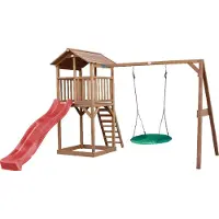 Axi Beach Tower Speeltoestel van hout in Bruin | Speeltoren met zandbak, nestschommel en rode Glijbaan | Speelhuis op palen voor de tuin