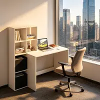 OKWISH Bureau Met Boekenkast – 110 Cm Werkblad Met Opbergrekken – Voor Thuiswerk, Studeren En Spelen – Hout – Wit