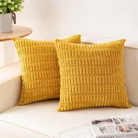 COOAU -Set van 2 decoratieve ribfluwelen kussenslopen - 45 x 45 cm (18x18 inch) - Zachte gestreepte kussenslopen - Modern boerderijhuisdecor - Voor bank, woonkamer, bed - effen kleur - Felgeel