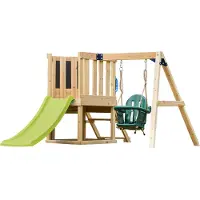 Axi Timo Mini Speeltoestel van Hout - Limoen Groene Glijbaan | Speeltoren met Babyschommel, Klimwand en Krijtbord | Speeltoestel op Palen voor de Tuin