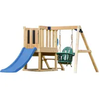 Axi Timo Mini Speeltoestel van Hout - Blauwe Glijbaan | Speeltoren met Babyschommel, Klimwand en Krijtbord | Speeltoestel op Palen voor de Tuin