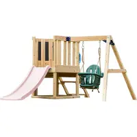Axi Timo Mini Speeltoestel van Hout - Pastel Roze Glijbaan | Speeltoren met Babyschommel, Klimwand en Krijtbord | Speeltoestel op Palen voor de Tuin