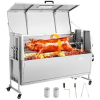 Vevor Rotisserie Grill 38 W Speenvarken Grill Lam Grill Houtskool Grill (132 cm Grilllengte) met 60 kg draagvermogen &amp; wielen &amp; 4-voudige hoogteverstelling &amp; deksel