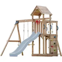 Axi Moos Compleet Speeltoestel met 2 Schommels, Touwladder | Speeltoren tuin met schommels/zandbak/klimmuur/Glijbaan Pastel Blauw | Speelhuis van hout op palen voor buiten