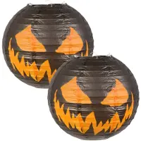 Boland lampion pompoen creepy - 2x - rond - zwart/oranje - D25 cm - papier/metaal - versiering