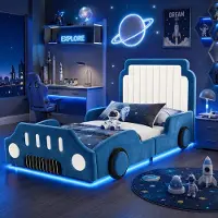 Flieks kinderbed 90x200 cm met bekleding, gestoffeerd eenpersoonsbed met valbeveiliging en lattenbodem, kinderbed in de vorm van een auto, fluweel, blauw