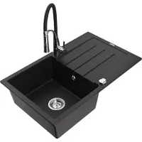 Mexen Bruno granieten 1-komorige spoelbak met afdruiprek en keukenmengkraan Aster, zwart - 6513-77-73450-07