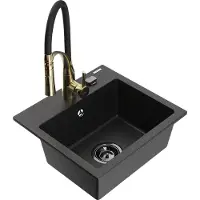 Mexen Milo granieten gootsteen met 1 bak en Aster keukenmengkraan, zwart/zilver metallic - 6505-73-73450-57-B