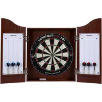 Engelhart Dart Cabinet Hout Rood Bruin – Sisal Dartbord – 6 Steeltip Darts 18 g – Marker & Wisser – Wedstrijdbord – Beschermt Muur en Dartbord – Longfield