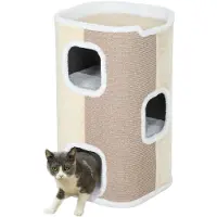 PawHut Kratztonne für Katzen Katzenkratzbaum 3 Ebenen Katzenbaum Kletterbaum für Katzen Katzenmöbel Spanplatte samtartiges Polyester Sisal Beige+Weiß 40 x 40 x 74 cm