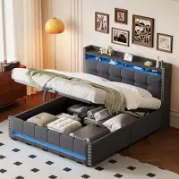 HAUSS SPOLE Gestoffeerd Bed 160x200 cm - Met LED En USB, Hoofdbord Met Planken - Hydraulische Opbergruimte - Linnen - Grijs - Zonder Matras