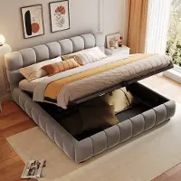 OKWISH Gestoffeerd Bed 140x200 cm - Hydraulische Opbergruimte & Ingelaten Matrashouder - Met Stevige Lattenbodem - Fluweel - Grijs - Zonder matras