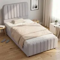 STILVORA gestoffeerd bed 90x200 cm met hydraulische opbergruimte en lattenbodem, eenpersoonsbed met gestoffeerd hoofdeinde, kinderbed, grijs, linnenstof