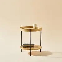 MODFU Ronde Salontafel - 2-Laags Ontwerp - Modern - Hout En MDF Met Zwart IJzeren Frame - Natuurlijk