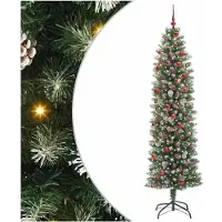 vidaXL Kunstmatige slanke kerstboom met 300 LED Groen en Wit 210 cm