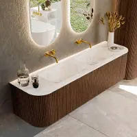 Mondiaz KURVE-DLUX 170cm badmeubel met module 25 Len R kleur Walnut met 1 lade en 2 deuren. Wastafel LEAF dubbel zonder kraangat kleur Frappe. KRVLEA170L+R1L2D0KD-Wal/Fra