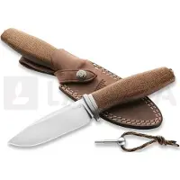 Lionsteel Acha AH BLN Satin M390, Natural Burlap Micarta, Titanium Guard, vaststaand mes