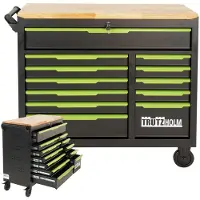 TRUTZHOLM Werkplaatswagen Star XL onuitgerust 103 x 112 cm staal zwart/groen 12 laden hardhouten blad