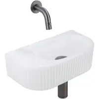 Qeramiq Fuente Fonteinset - 40x21.5x12cm - geribbeld - halfrond - keramiek - fonteinkraan gunmetal - afvoerplug - verlaagd sifon - wit mat SW1522210/SW769487/SW767295/SW1108831