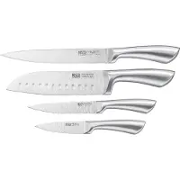 Resto Messenset 4-delig Merope – Santokumes, Vleesmes, Universeelmes & Schilmes – RVS X30Cr13 – Antibacterieel – Volledig RVS Design – Magnetische Geschenkdoos – Zilver
