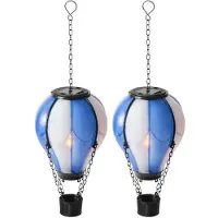 Lumineo solar luchtballon lantaarn - 2x - blauw - H25 x D14 cm - kunststof - vlam effect - tuinverlichting